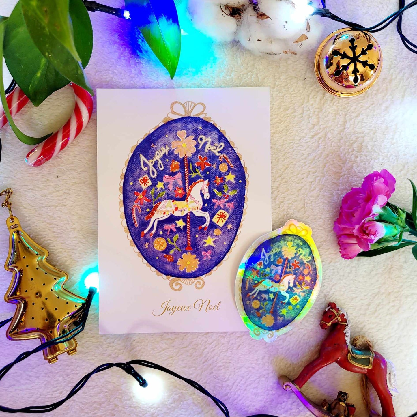 Carte Joyeux Noël + Sticker holographique Carrousel enchanté