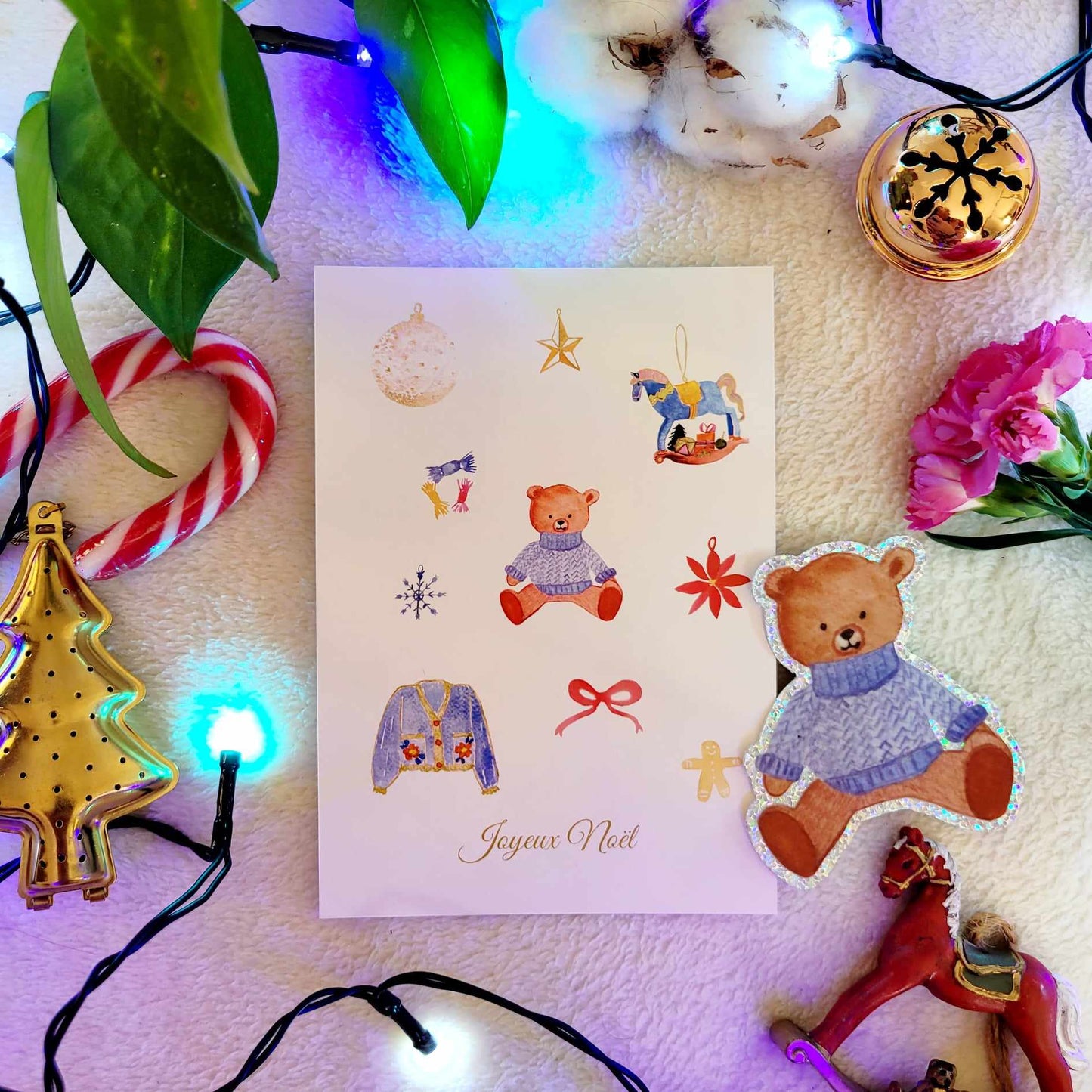 Carte Joyeux Noël + Sticker Paillette petit ours brun