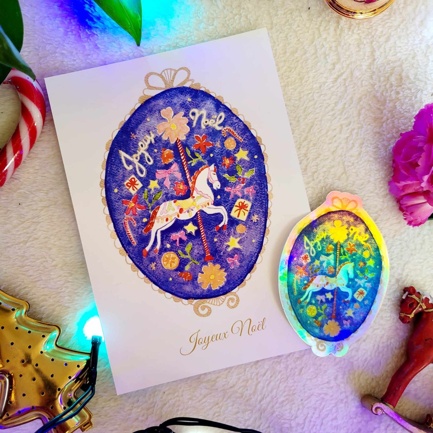 Carte Joyeux Noël + Sticker holographique Carrousel enchanté