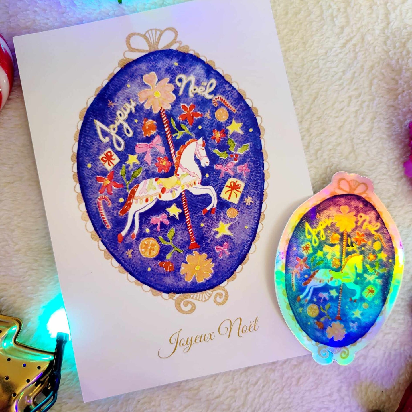 Carte Joyeux Noël + Sticker holographique Carrousel enchanté